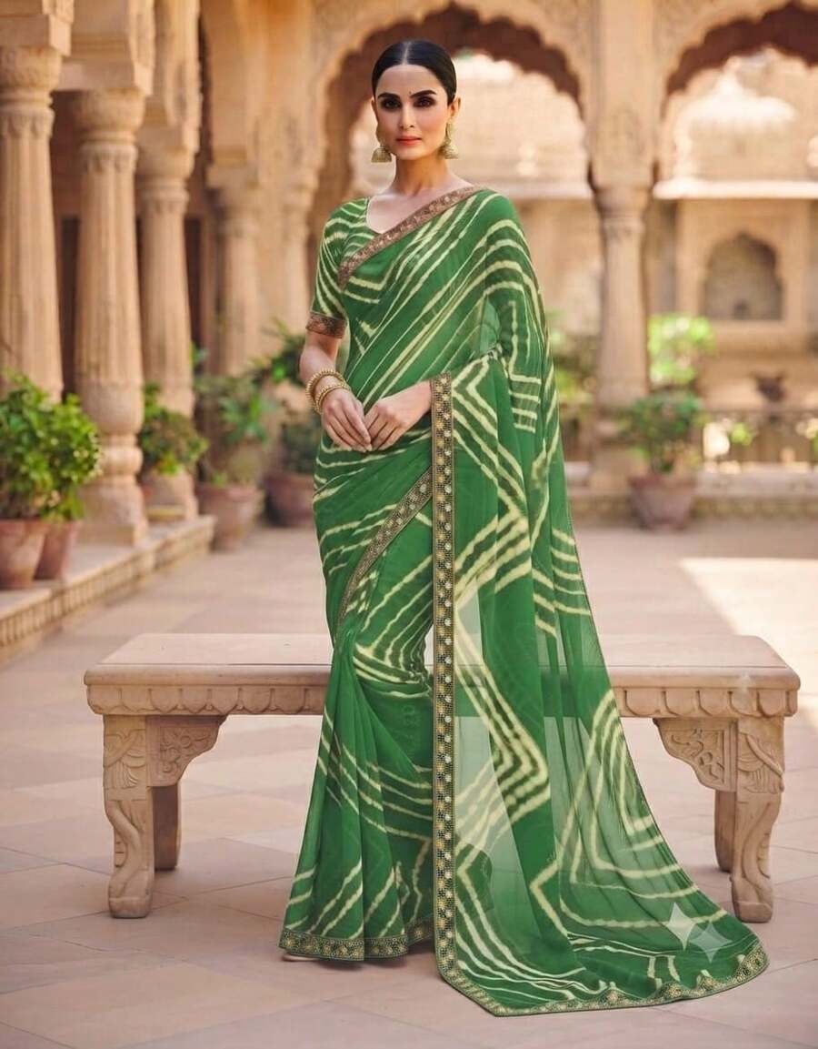 Estationeryhouse Chiffon Saree With Coloured Stripes With Unstitched Blouse - Green - View 1