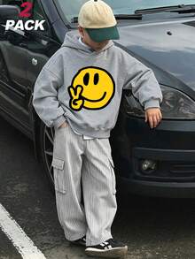 2pcs/Set Minimalist Boys Outfit, Peace Smile Print Hoodie + Striped Cargo Wide Leg Pants, Soft & Warm Autumn Daily Wear - Grey - View 2