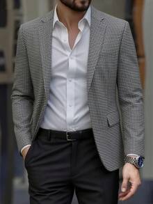男士千鳥格圖案西裝外套，復古休閒西裝外套，商務修身西裝外套 - 灰色 - 查看 1