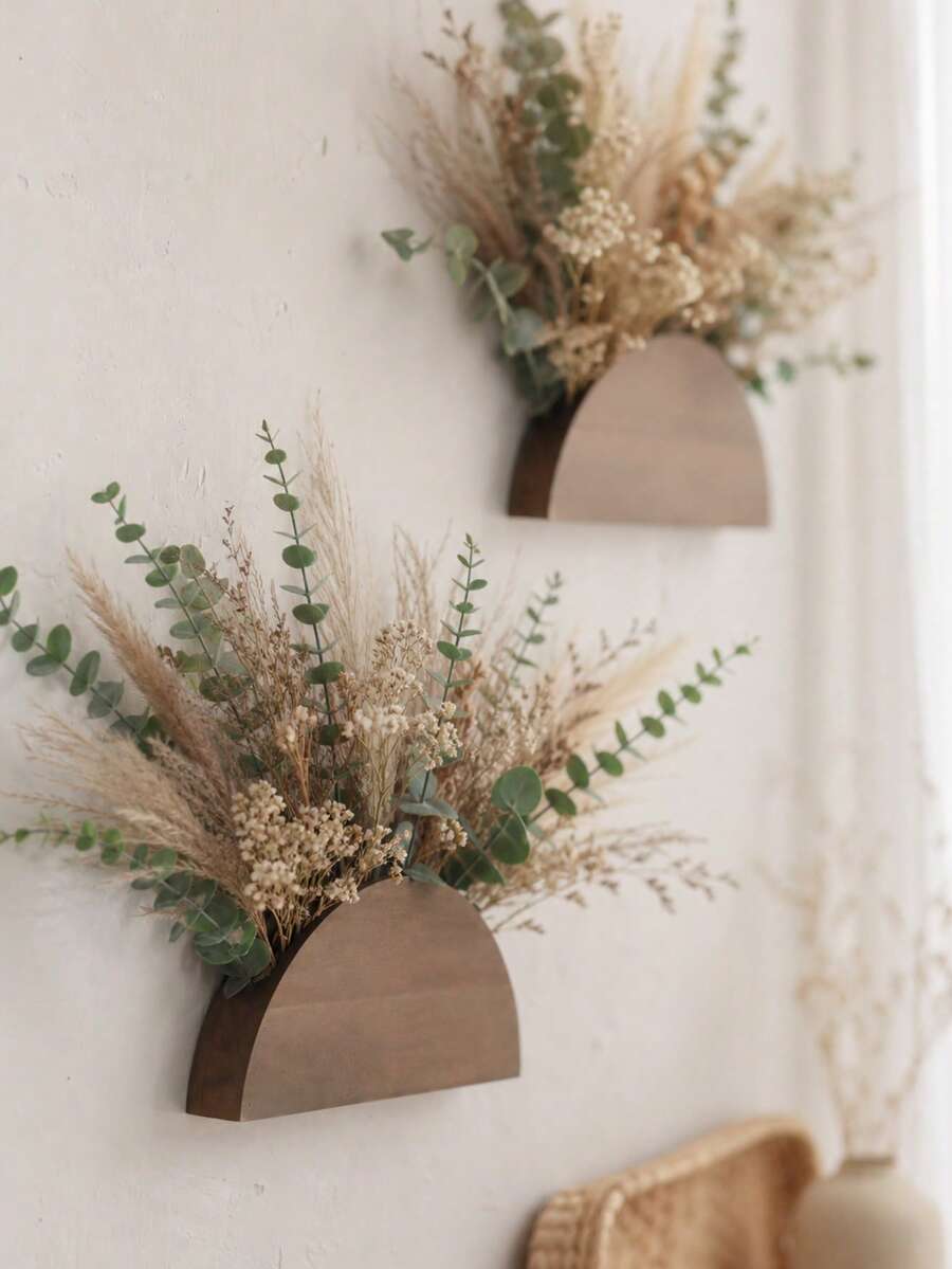 1pc Semi-Circular Wall Hanging Dried Flower Decor Rack, Bohemian Style Neutral Color, Reed Grass, Eucalyptus Camellia, Wall Hanging Vase, Autumn Harvest Farmhouse Style, Entryway Living Room Bedroom Indoor, Country Style Seasonal Autumn Wall Hanging Floral Decoration Home Decor