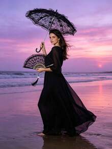 Black Lace Umbrella + Lace Fan With Hanging Pendant, For Festivals. Gothic Style Halloween Accessories In Black, Perfect For Bridal Parties. - Multicolor - View 15
