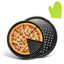 Set de 2 Bandejas de Hornear Pizza de Acero Perforada Tamaño 29 cm y 33 5 cm Juego de Bandejas Perforadas para Pizza Antiadherentes Resistentes al Calor Ideales para Horno Casero Restaurante Pizzeria Cocinar Hornear Pizza Pan Galletas y Otros Productos de Reposteria - Juego de 2 /33,5cm+29cm+Guante - Ver 10