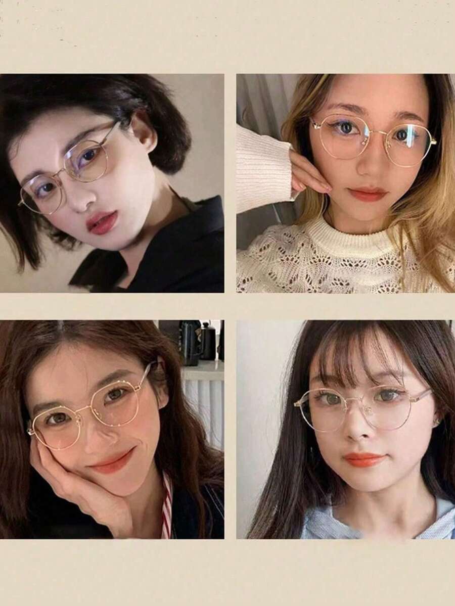1 Pair Women's Round Frame Glasses, Relieve Eye Fatigue, Suitable For Office Workers, Students, Can Be Matched With Various Fashion Outfits, Can Be Worn When Using Computer, Watching TV, Playing Games, Using Phone - Gold - View 1