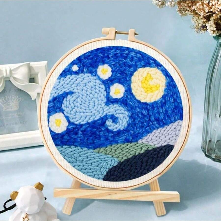1pc Starry Sky Pattern Punch Needle Embroidery Beginner Kit, Adult Punch Needle Embroidery Set, DIY Cross Stitch Rug Beginner Kit, Home Decor Punch Needle Starter Kit With Tools - Multiple Styles - View 1