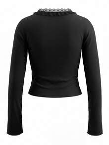 Kaos Lengan Panjang Model French Style dengan Hiasan Renda dan Tali Pengikat untuk Wanita, Atasan Lapisan Dasar Musim Gugur Slim Fit - Hitam - View 8