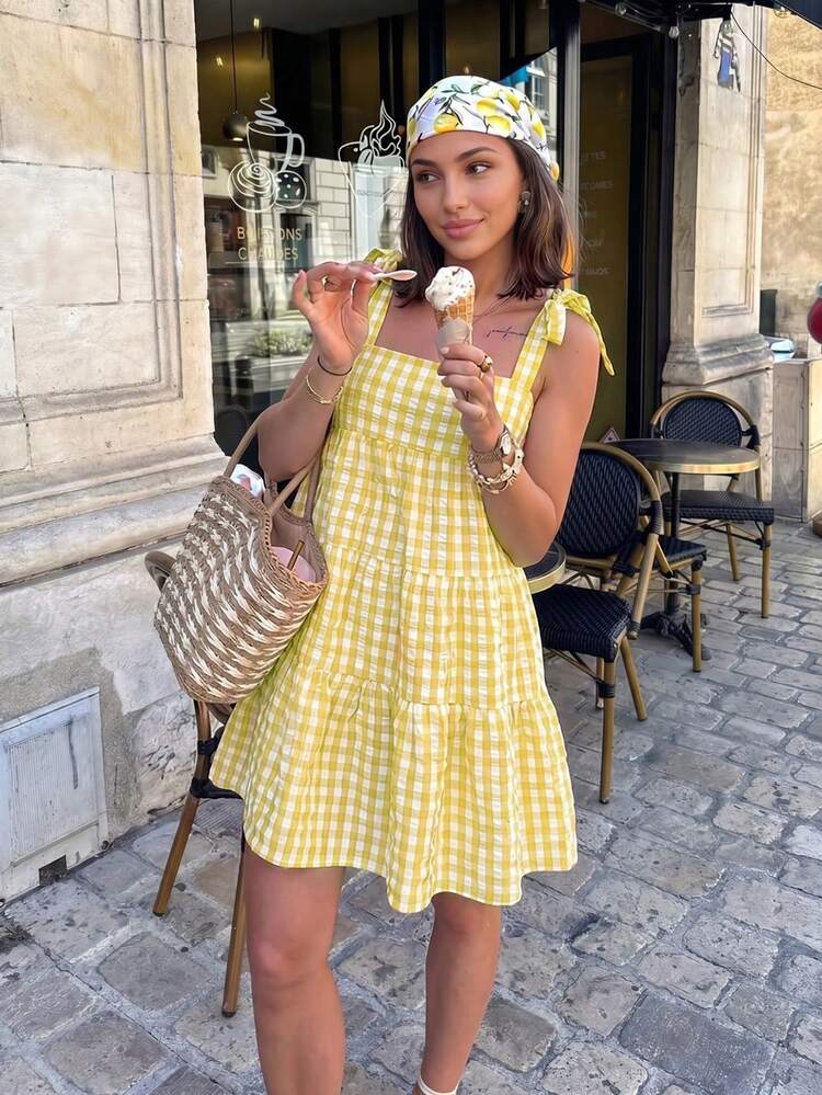 HoloChill Women's Young Influencer Casual Style Colorblock Plaid Sleeveless Spaghetti Strap Short Dress, Summer Casual 2026 New V-Neck Tie Bow Girl Dress, Women's Beach Dress, Wedding Guest Outfit, Elegant Dress, Women's Beach Vacation Outfit, Women's Casual Dress, World Cup, Prom, Luxury, Independence Day, Soccer, Fall Clothing - Yellow - View 2
