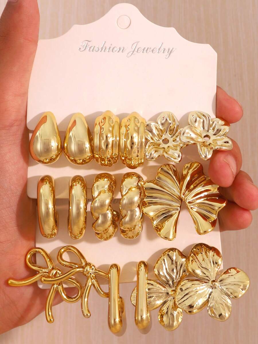 6-18pcs French Gilded Texture Multi-Style Earring Set, Niche High-End Flower & Bow C-Hoop Stud Earrings For Women, Essential Gift For Friends And Family - Gold - View 1