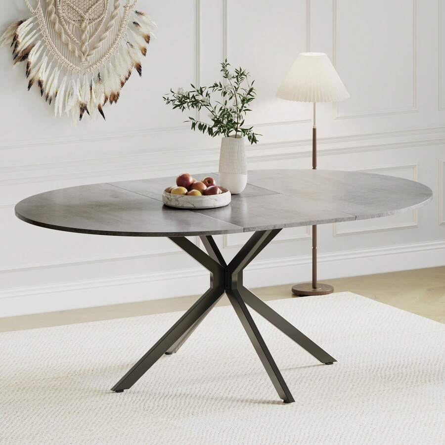 Extendable Dining Table, Oval Kitchen Table 120-160 Cm For 4-6 Seater, Marble Effect Dining Table With Metal Legs And Hidden Table Leaf, Suitable For Kitchen, Dining Room Or Living Room