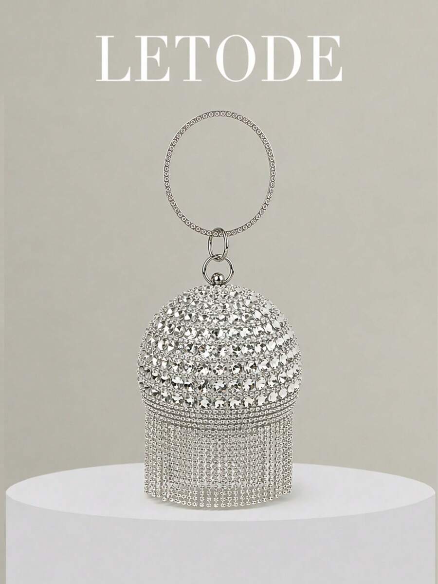 Mini Rhinestone Tassel Handheld Evening Bag - Silver - View 1