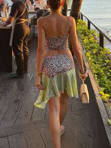DOUCIU 2pcs Leopard Cami Tank Top & Asymmetrical Knee-Length Skirt Sets Island Vacation Style - Green - View 3