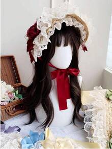 LOLITA 田園風多色可愛花卉蕾絲蝴蝶結平頂草帽，Lolita髮飾，春夏秋冬四季森系Lolita髮飾，編織防曬裝飾帽，優雅蕾絲服裝搭配頭飾 - A - 查看 13