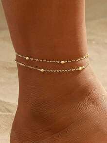 1pc Minimalist Double Layer Beaded Anklet, Multi-Functional Sexy Suitable For Party, Beach, Daily Wear, Holiday Gift (Random Bead Quantity) - Gold - View 1
