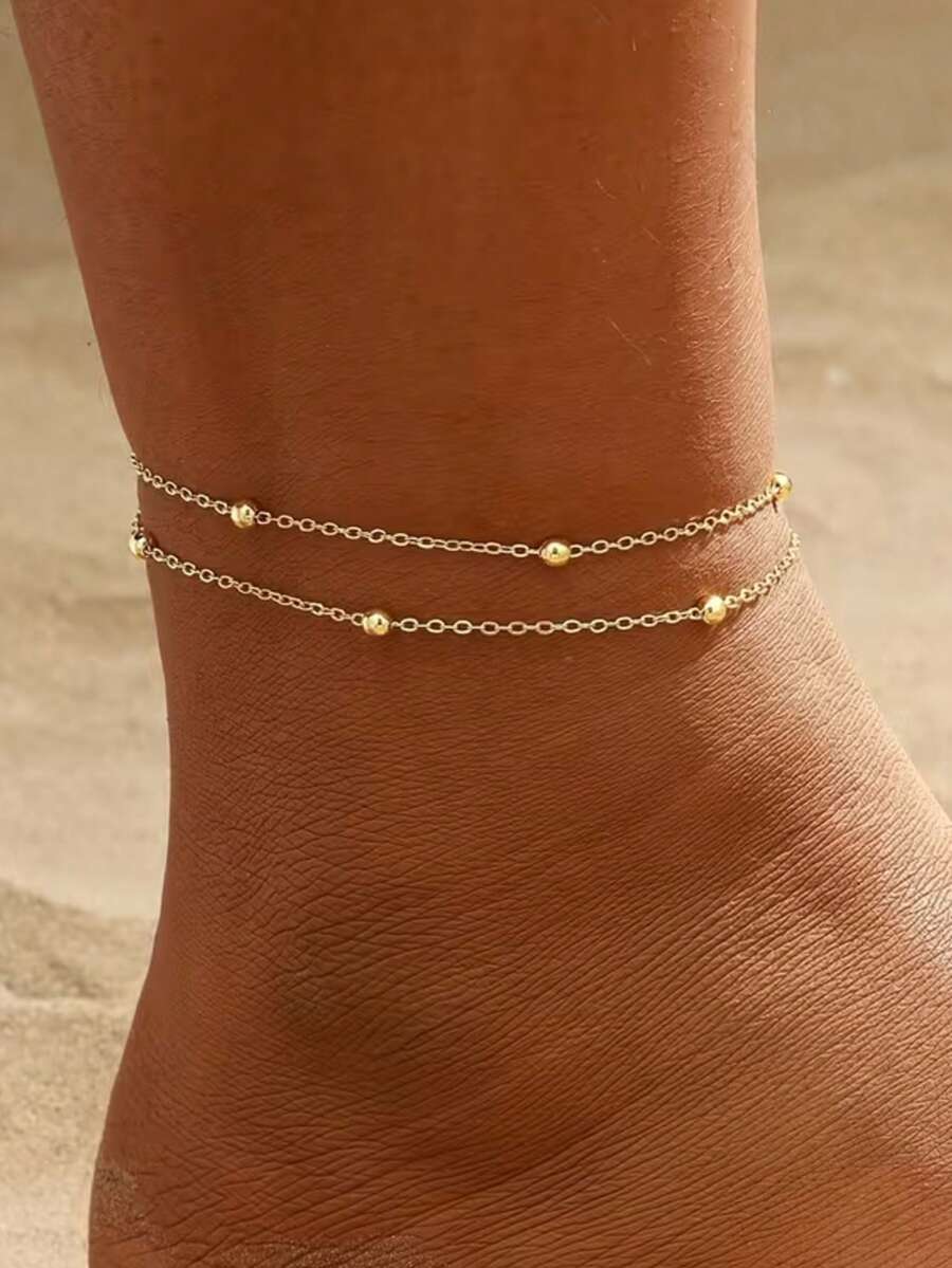 1pc Minimalist Double Layer Beaded Anklet, Multi-Functional Sexy Suitable For Party, Beach, Daily Wear, Holiday Gift (Random Bead Quantity) - Gold - View 1