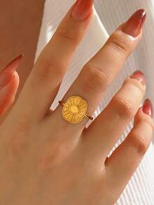 1pc Stainless Steel Minimalist Oval Sun Ring, High-End Jewelry Suitable For Women's Daily Wear - Gold - View 1