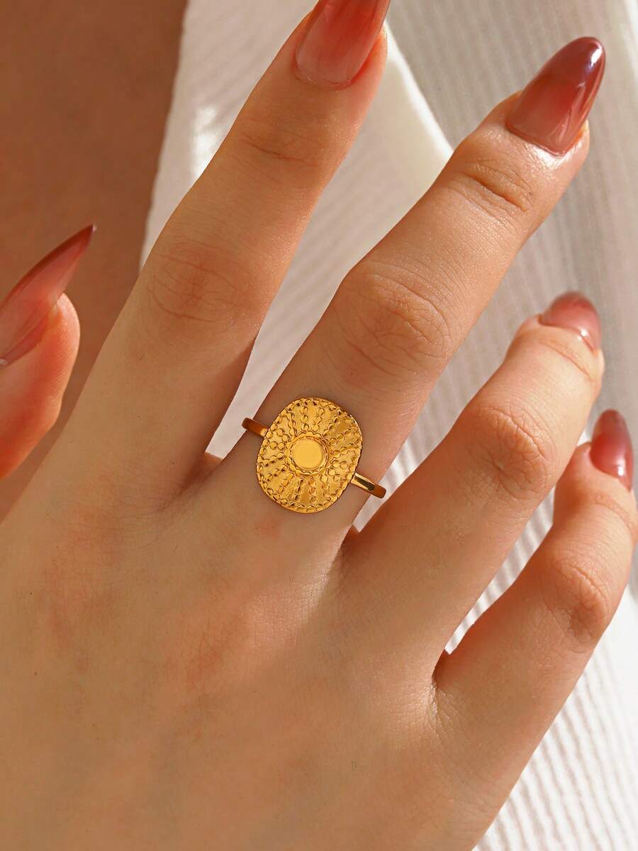 1pc Stainless Steel Minimalist Oval Sun Ring, High-End Jewelry Suitable For Women's Daily Wear - Gold - View 1