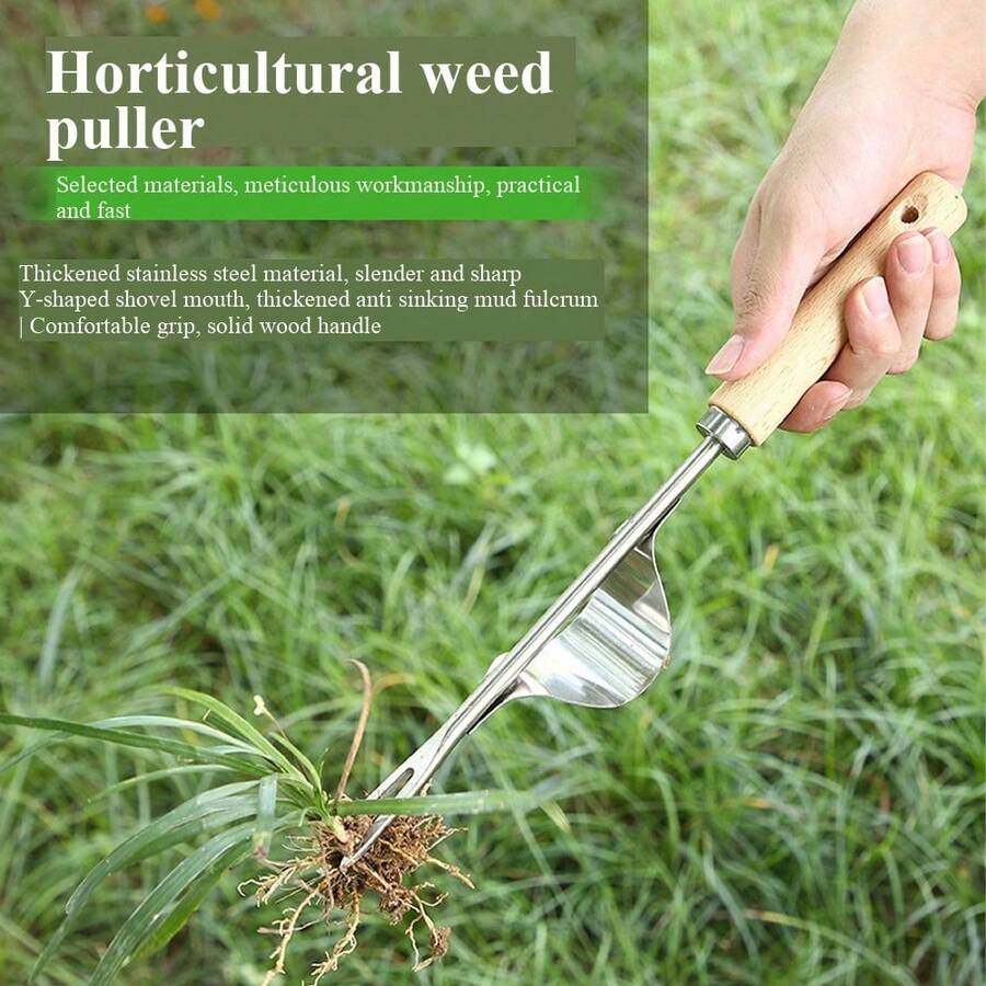 1pc Stainless Steel Weeding Fork With Wooden Handle, Garden Hand Tool, Lawn Weeder, Outdoor Yard Root Remover - One Size Fits All - View 1