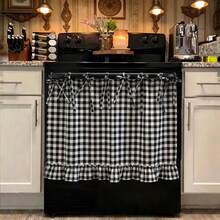Farmhouse Handmade Oven Skirt Kitchen Curtain, Cortinas De Cocina, Rustic Decorative Appliance Cover, Tie-Top Heat-Resistant Design, Adds Charm, Hides Clutter, Suitable For Kitchen Home Decor - Black and White - View 3