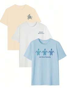 3pcs/Set Women's New Casual Colorful Letter, Ocean View, Turtle, Crab, Shell, Jellyfish Print Round Neck Short Sleeve T-Shirt, Versatile Summer - Multicolor - View 3
