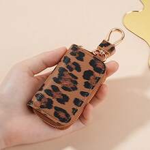 Personalized Multicolor Leopard Print Zipper Key Case Car Key Pouch Unisex Car Key Storage Bag Creative Leopard Print Leather Pendant Keychain - A - View 5