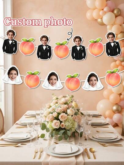 7/14/21/8/16/24pc Custom Photo Peach Bride Groom Wedding Banner, Personalized Couple Portrait Fruit Die Cut Garland, Engagement,Bridal Shower Party Decor,Wedding Reception,Photograph Backdrop,Newlyweds Keepsake