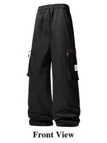 Men's Multi-Pocket Cargo Wide Leg Pants, Elastic Waist Drawstring Draped Casual Long Pants - Black - View 1
