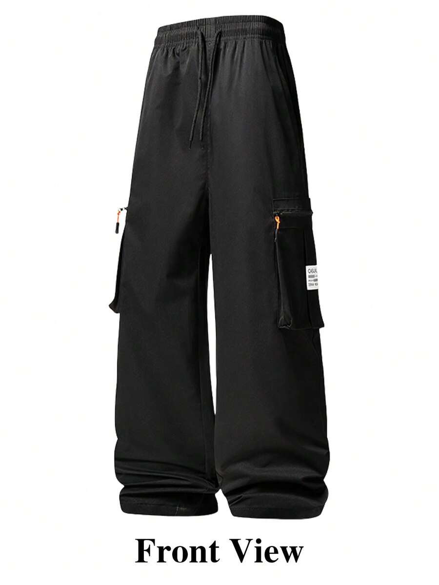 Men's Multi-Pocket Cargo Wide Leg Pants, Elastic Waist Drawstring Draped Casual Long Pants - Black - View 1