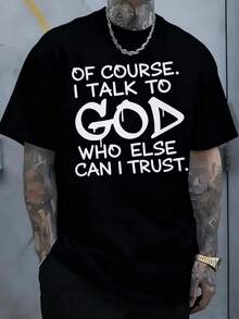 Men'S Black Streetwear-Shirt, Faith God Quote Graphic Tee, Casual Religious Style Top Men, Vintage Spiritual Print Shirt, Everyday Wear - Black - View 1