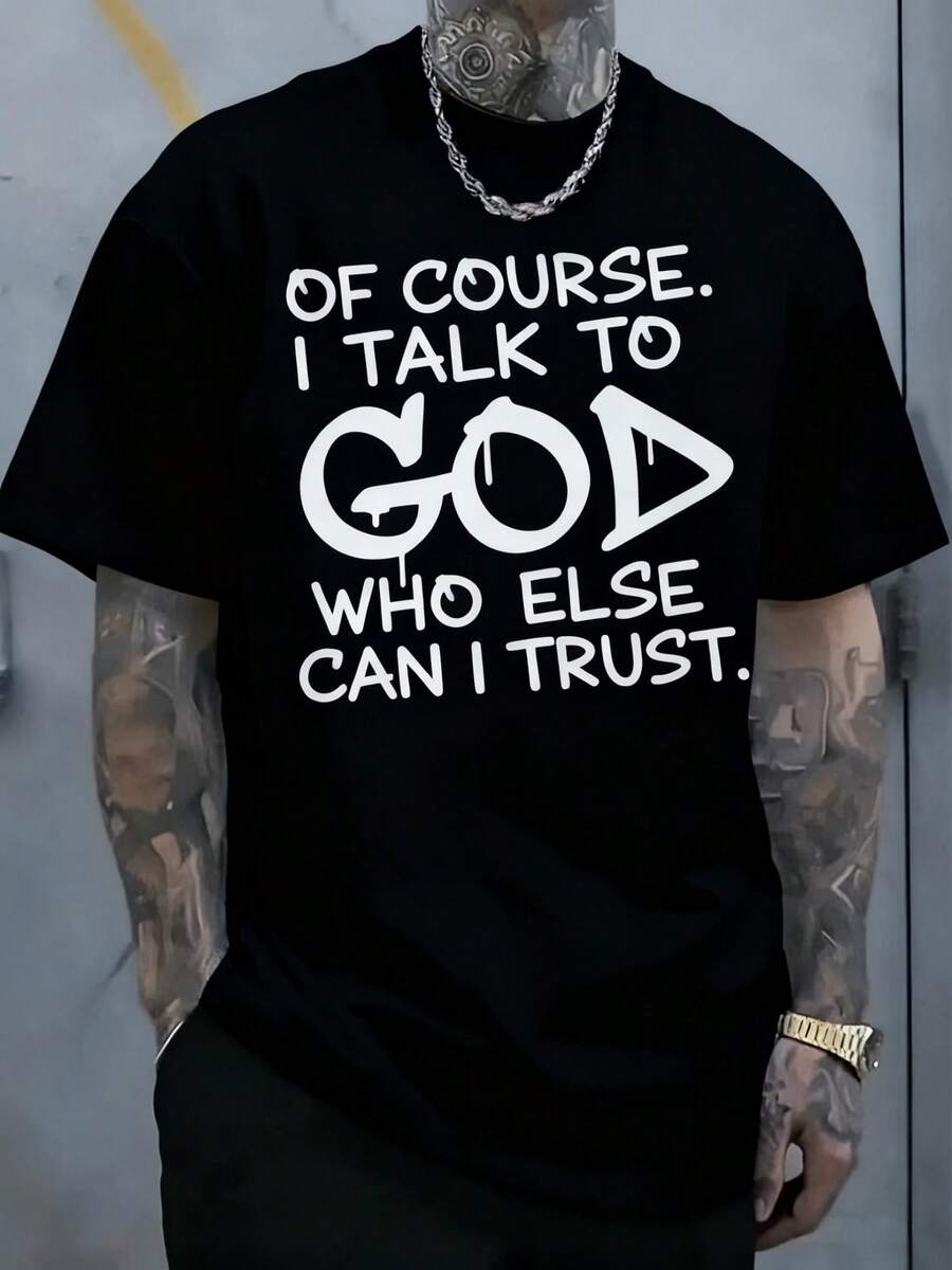 Men'S Black Streetwear-Shirt, Faith God Quote Graphic Tee, Casual Religious Style Top Men, Vintage Spiritual Print Shirt, Everyday Wear - Black - View 1