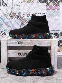 1 Pair Kids Colorful Sole High-Top Socks Shoes, Elastic Soft Bottom Outdoor Sports Shoes - Black - View 6