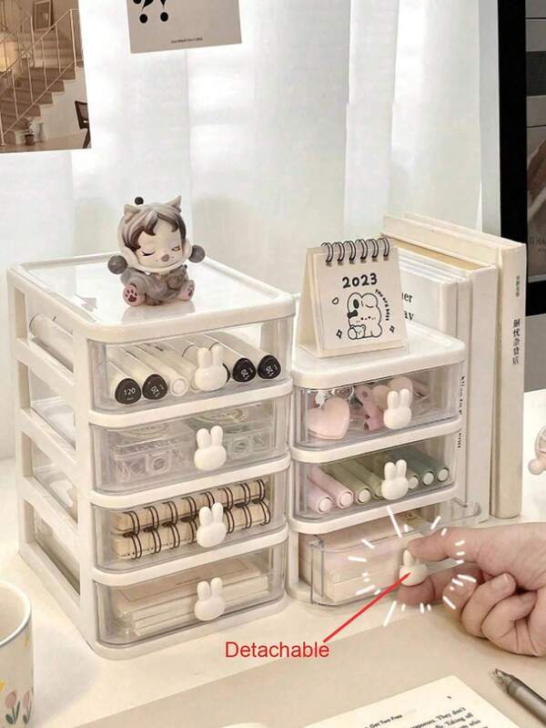 Multifunctional Storage Box, Cute Rabbit Desktop Organizer, Drawer Jewelry Storage Box, Plastic Stationery Organizer, Box-Style Transparent Storage Box, Jewelry Box, Suitable For Dorm, Bedroom, Back To School, Christmas Gift