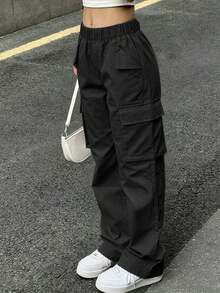 1pc Girls' Teen Fashion Personalized Straight Leg Cargo Pants With Pockets, Long Pants For Spring, Summer, Autumn, Winter - Black - View 4