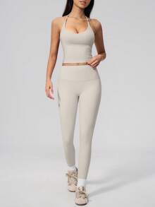 NcmRyu Women's One Set Solid Color Halter Tie U-Neck Backless Cropped Tank Top & High Waist Ankle Pants Sports Set - Grey - View 7