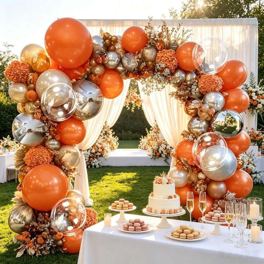 Bright Orange Metallic Silver Double Layer Balloon Arch Set 68 Counts Assorted Sizes For Graduation Birthday Halloween Thanksgiving Scene Layout - Multicolor - View 1