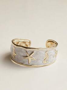 White Collection Stainless Steel Enamel Open Cuff Bracelet, Starfish Shell Heart Design, Minimalist Fashion Summer Beach Jewelry, Romantic Nautical Style Personalized Accessory - White - View 22
