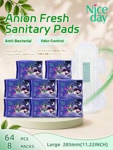 Niceday 285mm 8 piezas/paquete Toallas sanitarias con iones negativos para uso nocturno, eliminación de olores para áreas íntimas, alta absorbencia, absorción rápida, secas y sin picazón, toallas menstruales gruesas, toallas para el cuidado del periodo, protectores diarios - 285 mm (64 unidades/8 paquetes) - Ver 1