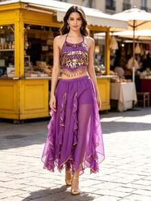 Bohemian Belly Dance Coin Sequin Halter Top, Side Slit Flowy Chiffon Wide Leg Pants For Market, Festival Carnival, Travel Photoshoot And Themed Event - Multicolor - View 6