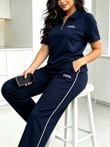 Women's New Summer/Autumn 2-Piece Set: Personalized Letter Print Lapel Zip-Up Short Sleeve T-Shirt With High-Waist Drawstring Straight Leg Elegant - Navy - View 6