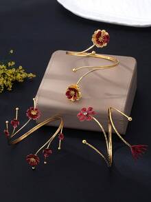 3件/1件裝紅色花卉手臂飾圈，極簡優雅奢華手臂鏈，精緻時尚五瓣花手臂飾圈套組 - 酒紅色 - 查看 4