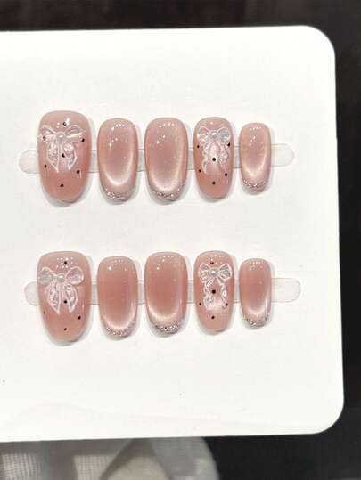 10pcs Nude Pink Cat Eye Bow Short Oval Press On Nails, 3D Transparent White Bow With Pearl Fake Nails, Fine Silver Glitter Tip False Nails For Senior Grad Prom, With Jelly Glue And Nail File, DIY Nail Art Supplies