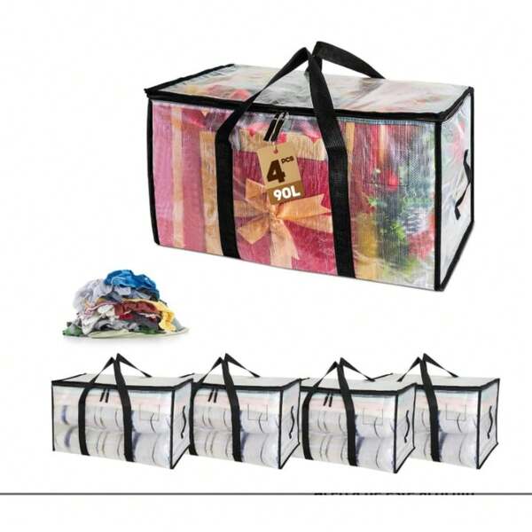 Bolsas para Cobijas y Ropa - 4 Paquetes Cajas de Almacenamiento Transparentes 90L, Material Tejido Espesado PVC, Plegables para Mudanzas y Embalaje