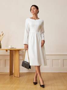 Women's Solid Color Long Sleeve Cinched Waist Lace Hem Midi Dress - White - View 3