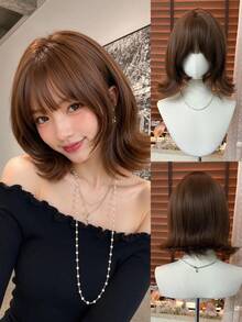 Topshe [MONEET SECRET] 12 Inch Flip Bob Full Wig With Bangs, Heat-Resistant Synthetic Fiber, Chestnut Brown, Korean Ulzzang Style, Soft Outward-Curled Ends, Full Wig, Suitable For Daily Casual Wear - Multicolor - View 13