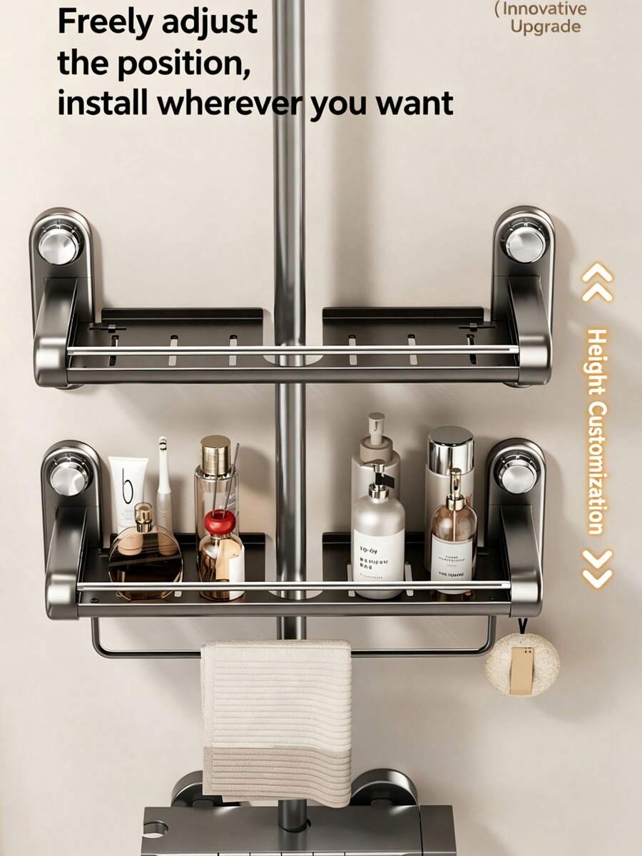 1pc Upgraded Vacuum Suction Cup Shower Caddy Holder, Stainless Steel Waterproof Rust-Proof With Towel Rack, No-Drill Large Capacity Storage Organizer For Shower Gel And Shampoo, Home Bathroom - Multicolor - View 1