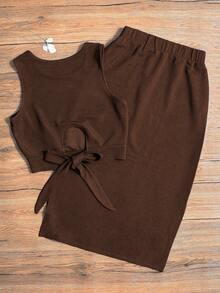 Minimalist Knit Set, Solid Color Sleeveless Top Paired With High Waist Slit Skirt, Commute & Date Outfit Summer Elegant - Coffee Brown - View 3