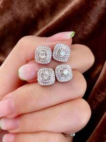 2 Pairs Multi-Function Shiny Zirconia Stud Earrings, Square Diamond Inlaid Earrings, Suitable For Men And Women, Perfect For Daily Wear, Hip-Hop Travel Vacation Jewelry, Gift For Friends Or Each Other - Earrings - View 2