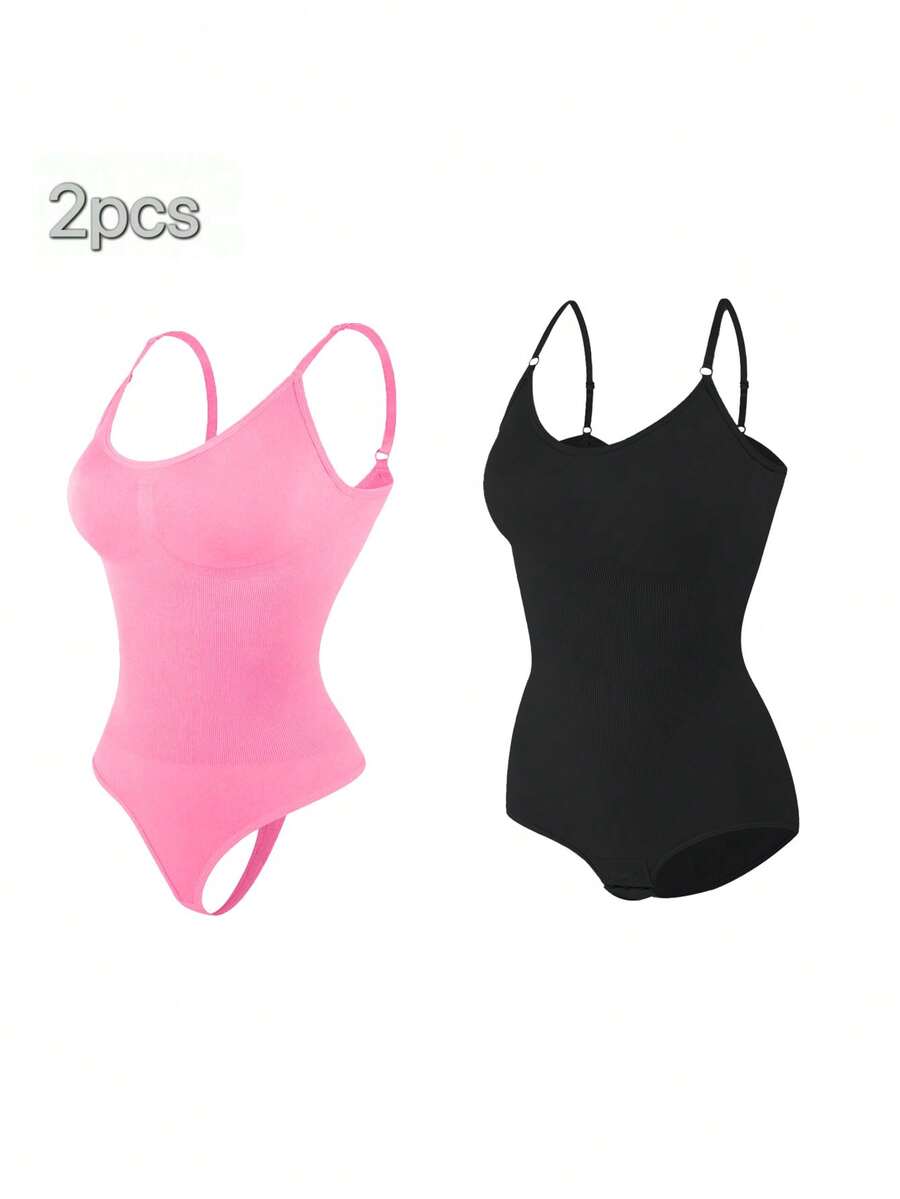 2Pcs High Waist Tummy Control Thong Bodysuit Figure - 粉紅黑 - 查看 1