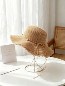 1pc Women's Woven Straw Hat, Wavy Ruffle Wide Brim Soft Hat, Pearl Decor Side Bow, Lightweight Foldable UV Protection Breathable - A - View 5