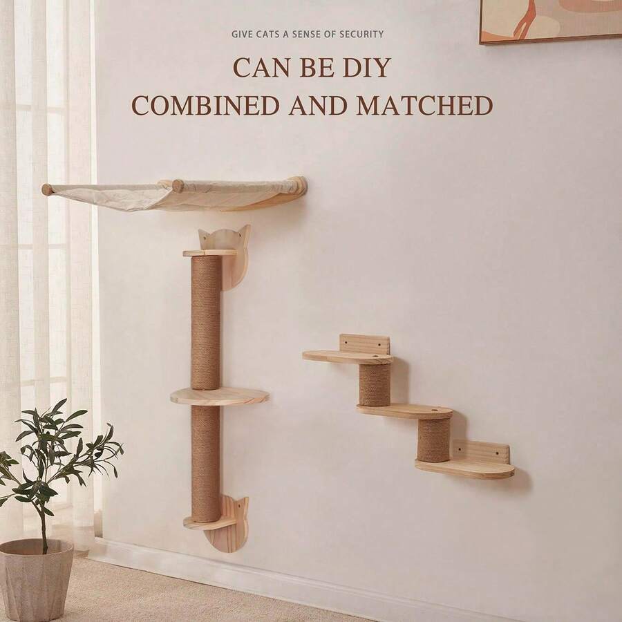 3pcs Natural Wood Cat Wall Shelf Set, Includes Sisal Rope Cat Scratching Post, Hammock, Ladder, Suitable For DIY Cat Wall Furniture