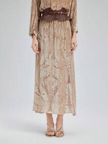 Rich Radi Q's Rok A-Line Panjang Sedang Elegan untuk Wanita, Dihiasi dengan Bordir Indah, Kain Tenun Menciptakan Gaya Bohemian Kasual - Aprikot - View 8