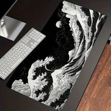 1 Stück extra großes japanisches schwarzes Wellen-Gaming-Mauspad, ergonomisches Design, rutschfeste Gummibasis, japanisches Landschaftsmuster, geeignet für PC und Tablet, langanhaltend glatte Oberfläche, großes Mauspad Schreibtischmatte - A - Übersicht 6